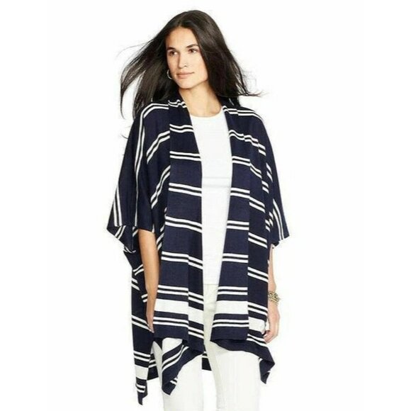 Lauren Ralph Lauren Women's M Navy Striped Silk Cashmere Cardigan Poncho - Picture 1 of 10